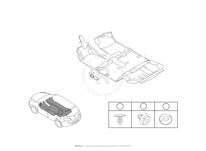 Запчасти Great Wall Hover H6 Поколение I (2011) 2.0л, дизель, 4x2, МКПП — Обшивка (ковер) пола (1) — схема