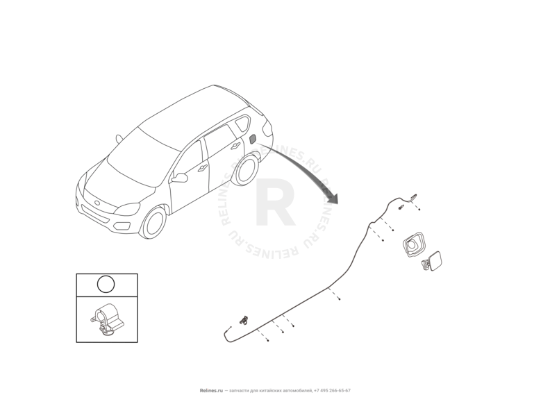 Запчасти Great Wall Hover H6 Поколение I (2011) 2.0л, дизель, 4x2, МКПП — Лючок, крышка и трос лючка топливного бака (бензобака) (1) — схема