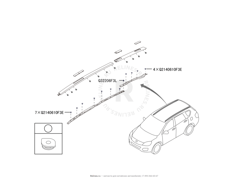 Запчасти Great Wall Hover H6 Поколение I (2011) 1.5л, бензин, 4x4, МКПП — Обшивка, комплектующие, молдинги и рейлинги крыши — схема