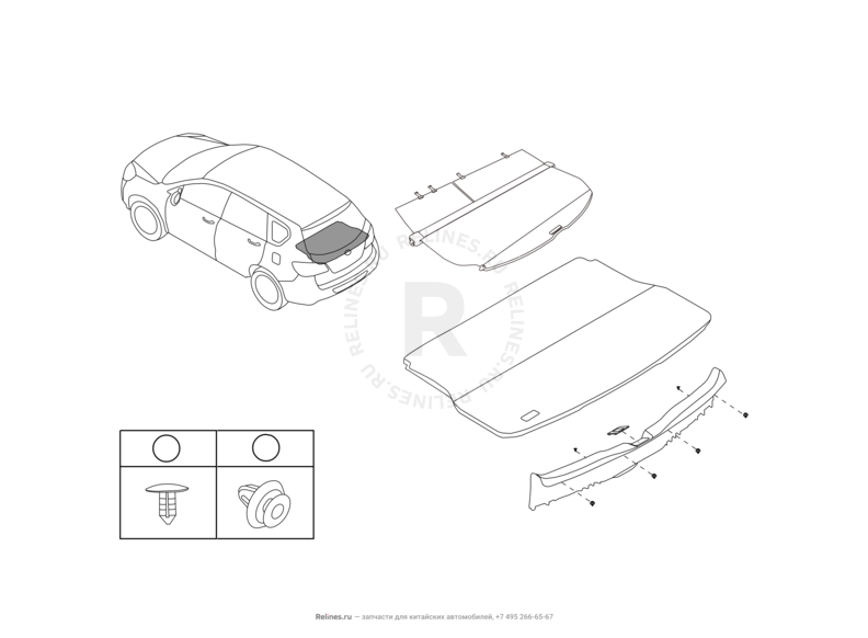 Запчасти Great Wall Hover H6 Поколение I (2011) 2.0л, дизель, 4x2, МКПП — Шторка и накладка порога багажника (1) — схема