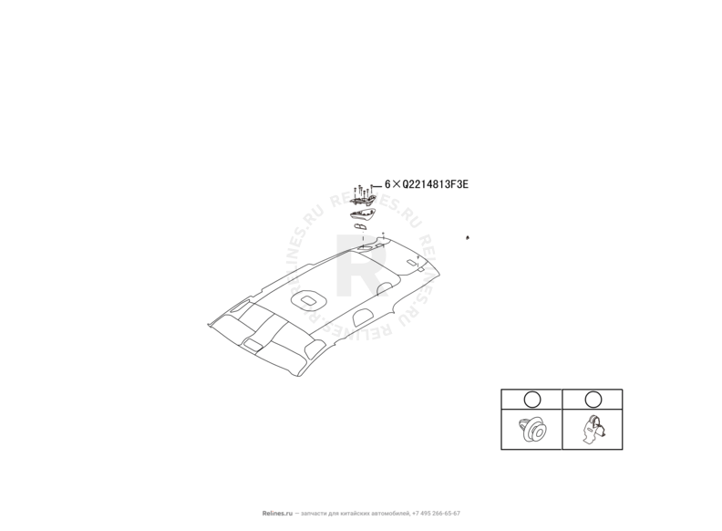 Запчасти Great Wall Hover H6 Поколение I (2011) 1.5л, бензин, 4x4, МКПП — Обшивка и комплектующие крыши (потолка) (2) — схема