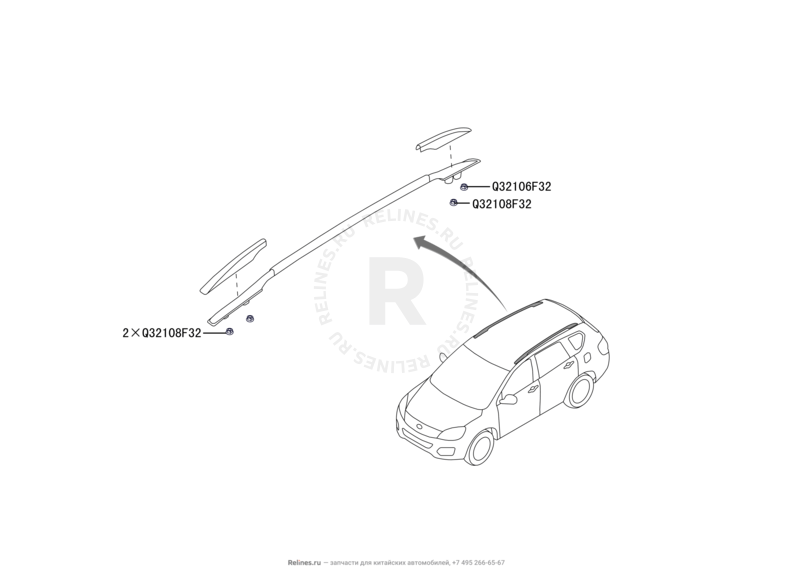 Запчасти Great Wall Hover H6 Поколение I (2011) 2.0л, дизель, 4x2, МКПП — Молдинги и рейлинги крыши — схема