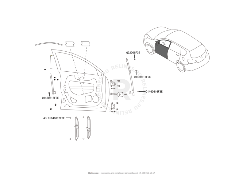 Запчасти Great Wall Hover H6 Поколение I (2011) 1.5л, бензин, 4x4, МКПП — Двери передние и их комплектующие (уплотнители, молдинги, петли, стекла и зеркала) (1) — схема