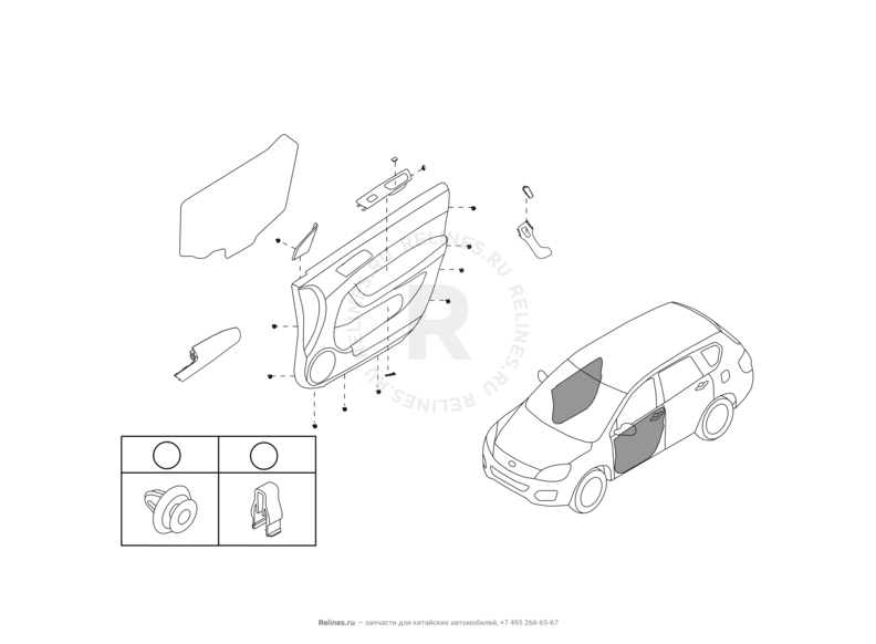Запчасти Great Wall Hover H6 Поколение I (2011) 1.5л, бензин, 4x2, МКПП — Обшивка и комплектующие передних дверей (2) — схема