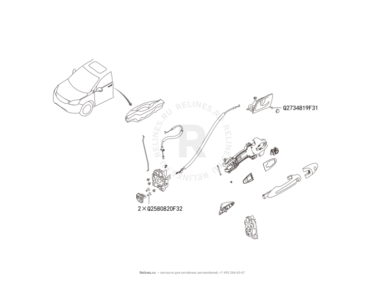 Запчасти Great Wall Hover H6 Поколение I (2011) 2.0л, дизель, 4x2, МКПП — Ручки и замки двери передней (1) — схема