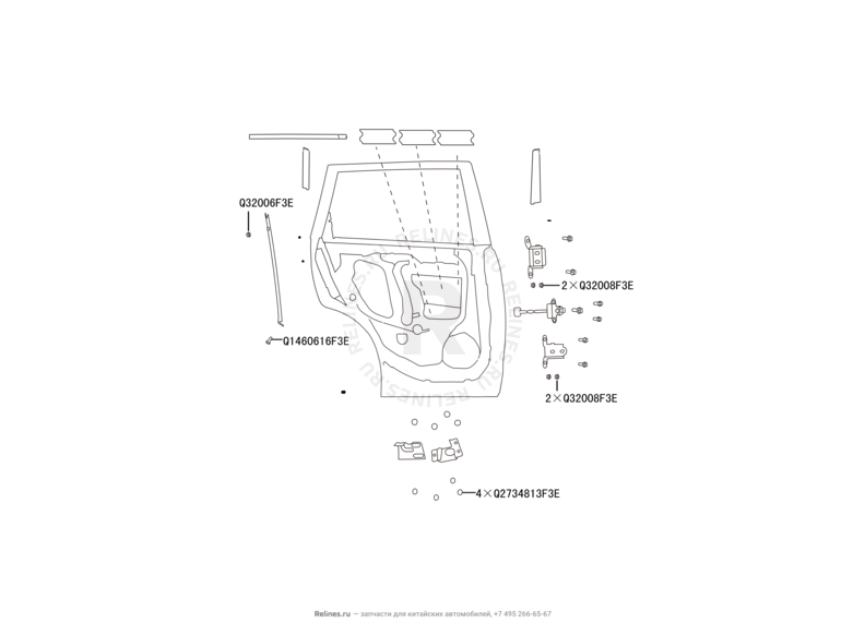 Запчасти Great Wall Hover H6 Поколение I (2011) 1.5л, бензин, 4x4, МКПП — Двери задние и их комплектующие (уплотнители, молдинги, петли, стекла и зеркала) (1) — схема