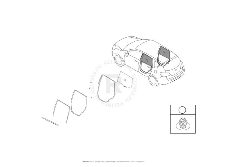 Запчасти Great Wall Hover H6 Поколение I (2011) 1.5л, бензин, 4x2, МКПП — Стекла, стеклоподъемники, молдинги и уплотнители задних дверей (1) — схема
