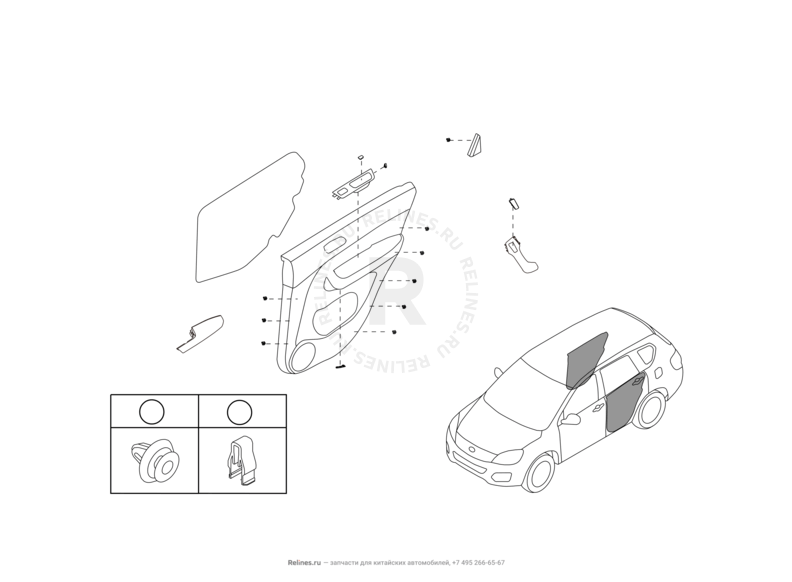 Запчасти Great Wall Hover H6 Поколение I (2011) 1.5л, бензин, 4x4, МКПП — Обшивка и комплектующие задних дверей (2) — схема
