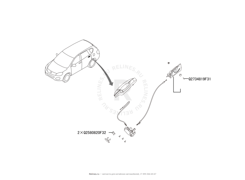 Запчасти Great Wall Hover H6 Поколение I (2011) 1.5л, бензин, 4x2, МКПП — Ручки, замки и электропривод замка двери задней (2) — схема