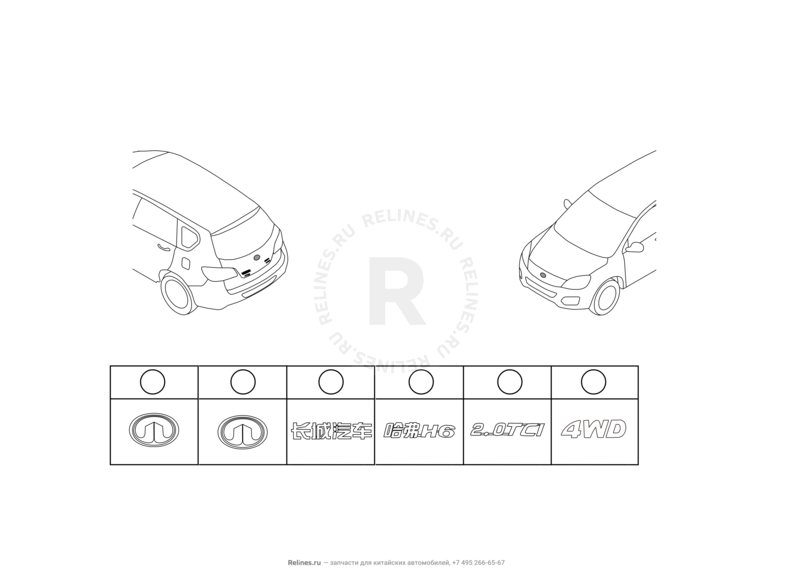Запчасти Great Wall Hover H6 Поколение I (2011) 2.0л, дизель, 4х4, МКПП — Эмблемы, молдинги и надписи на крыло (1) — схема