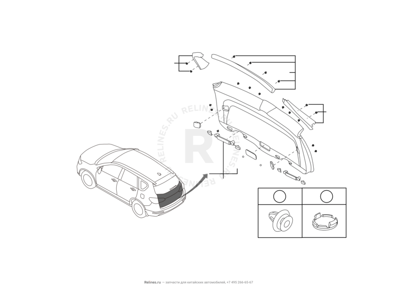 Запчасти Haval H6 Поколение II (2017) 2.0л, дизель, 4x2, МКПП — Обшивка и комплектующие 5-й двери (багажника) (1) — схема