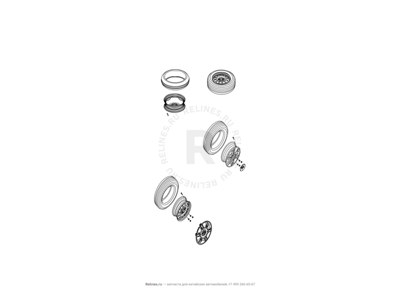 Запчасти Great Wall Peri Поколение I (2008) 1.3л, JL-M16 — Диски, шины, гайки колесные и колпаки — схема