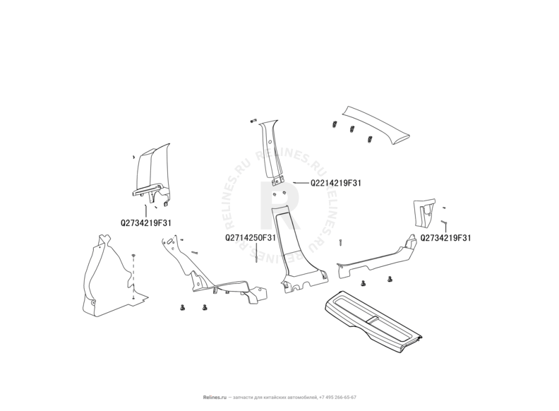 Запчасти Great Wall Peri Поколение I (2008) 1.3л, JL-M16 — Обшивка стоек и накладки порогов — схема