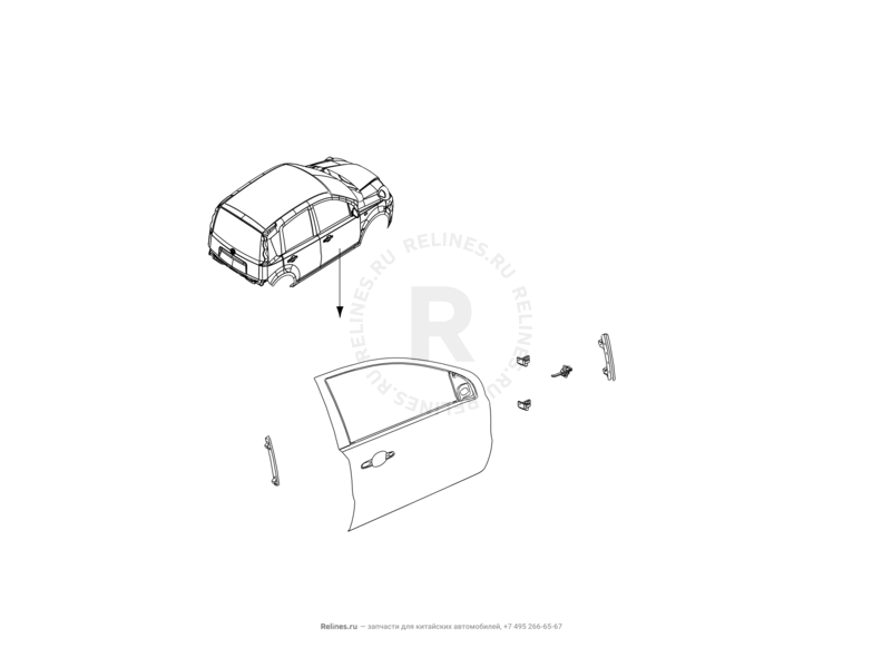 Запчасти Great Wall Peri Поколение I (2008) 1.3л, JL-M16 — Двери передние и их комплектующие (уплотнители, молдинги, петли, стекла и зеркала) — схема