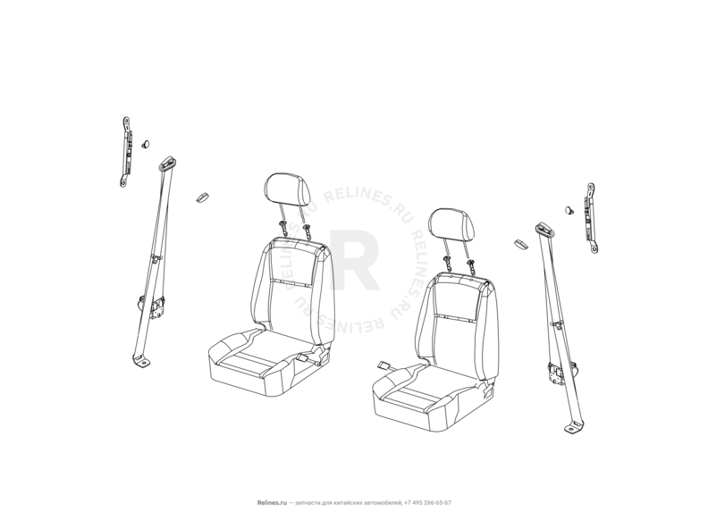 Запчасти Great Wall Wingle Поколение II (2010) 2.2л, 4x4 — Ремни безопасности и их крепежи для передних сидений (1) — схема
