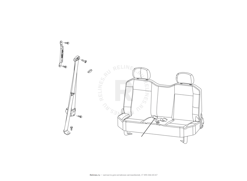 Запчасти Great Wall Wingle Поколение II (2010) 2.2л, 4x4 — Ремни и замки безопасности задних сидений (1) — схема