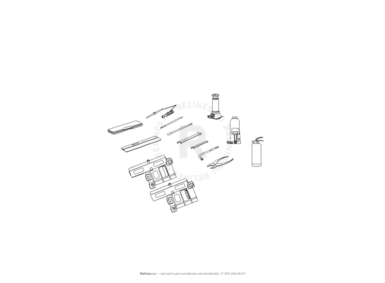 Запчасти Great Wall Wingle Поколение II (2010) 2.2л, 4x4 — Набор автомобилиста (домкрат, знак аварийной остановки, крюк буксировочный, балонный ключ) — схема