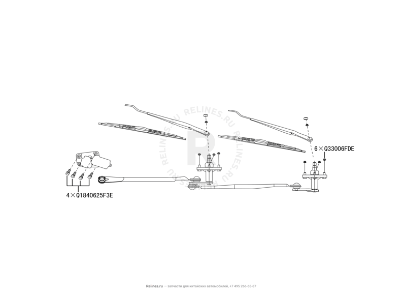 Запчасти Great Wall Wingle Поколение II (2010) 2.2л, 4x4 — Стеклоочистители и их составляющие (щетки, мотор и поводок) — схема