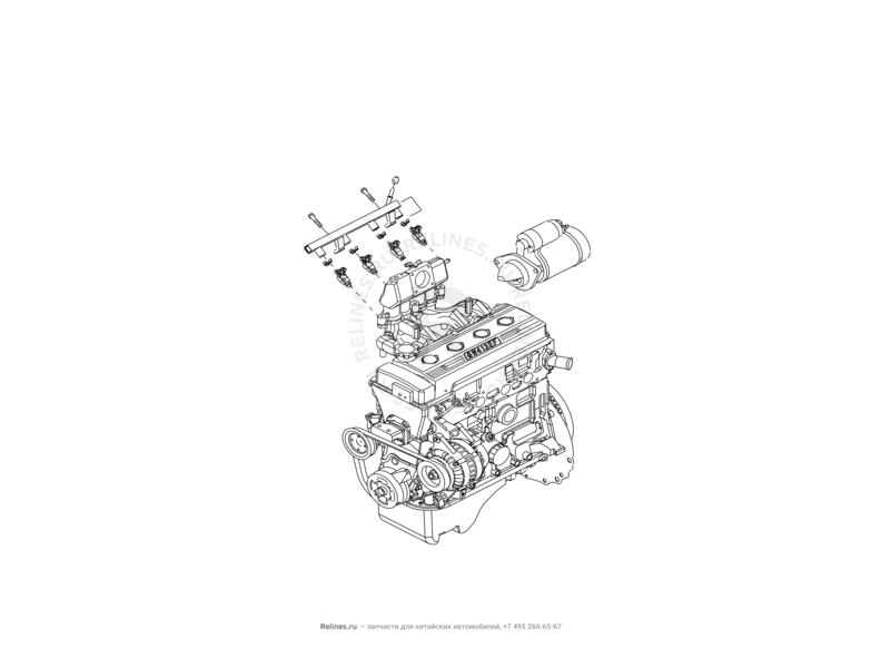 Запчасти Great Wall Peri Поколение I (2008) 1.3л, JL-M16 — Топливные рампа, форсунки и стартер — схема