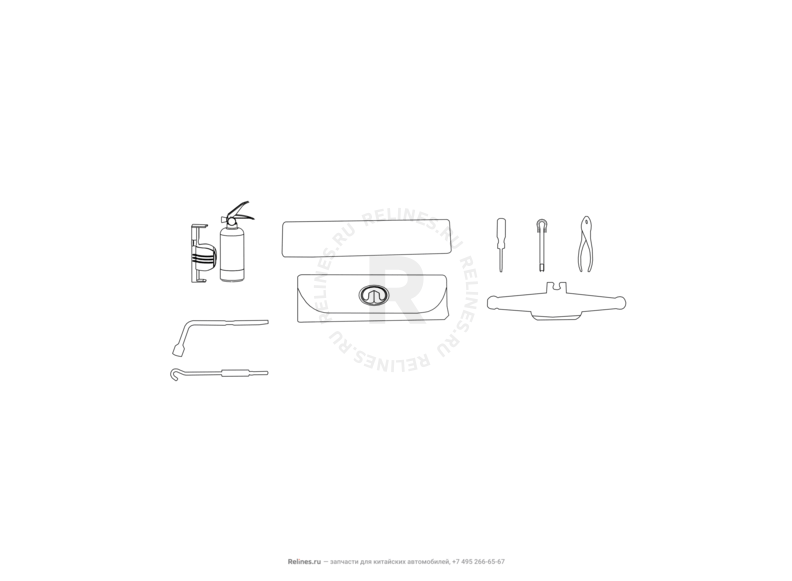 Запчасти Great Wall Coolbear Поколение I (2009) 1.5л, МКПП — Набор автомобилиста (домкрат, знак аварийной остановки, крюк буксировочный, балонный ключ) — схема