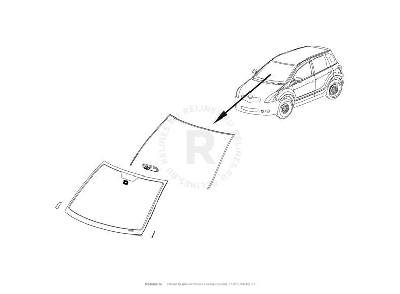 Запчасти Great Wall Hover M4 Поколение I (2012) 1.5л, МКПП — Стекло лобовое, молдинги, уплотнители, козырьки солнцезащитные и зеркало заднего вида — схема