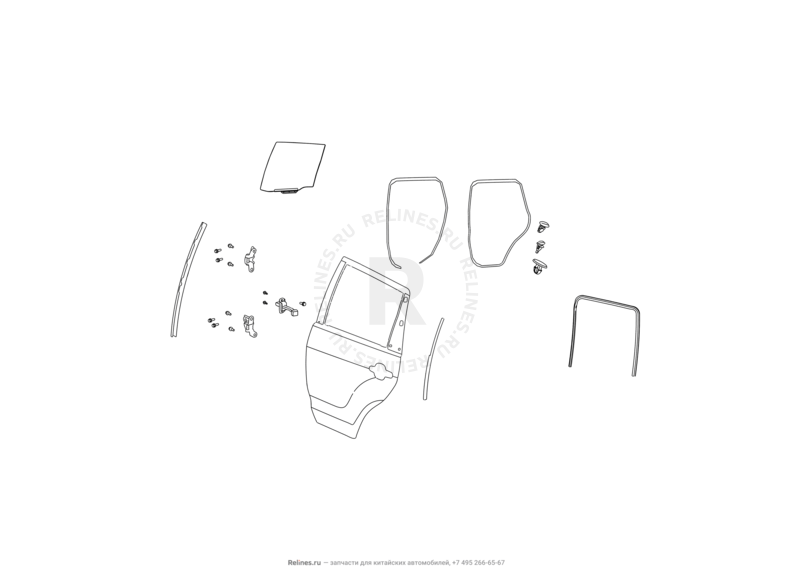 Запчасти Great Wall Florid Поколение I (2008) 1.5л, бензин — Стекла, стеклоподъемники, молдинги и уплотнители задних дверей (1) — схема