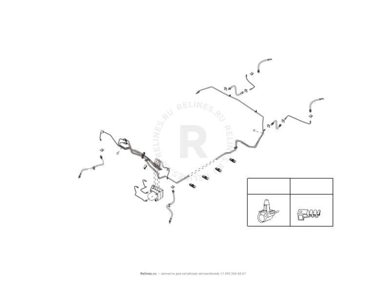Запчасти Great Wall Hover M4 Поколение I (2012) 1.5л, МКПП — Тормозные трубки и шланги, фиксатор и кронштейн, датчик ABS (АБС) — схема