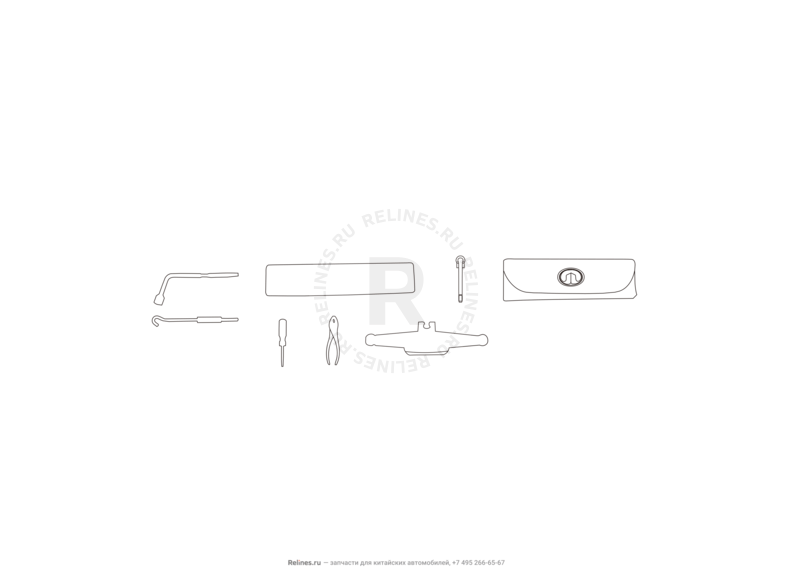 Запчасти Great Wall Hover M4 Поколение I (2012) 1.5л, МКПП — Набор автомобилиста (домкрат, знак аварийной остановки, крюк буксировочный, балонный ключ) (1) — схема