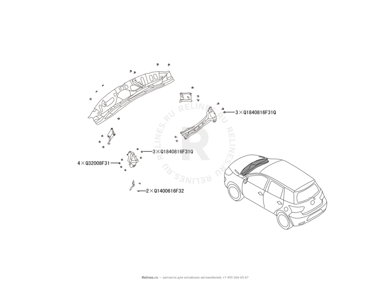 Перегородка (панель) моторного отсека и панель стеклоочистителя Great Wall Hover M4 — схема