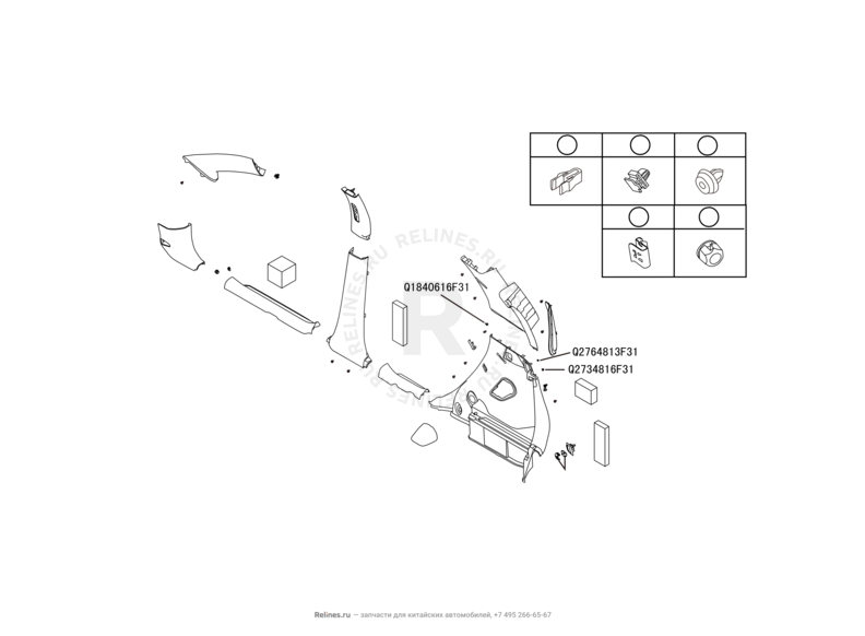 Запчасти Great Wall Hover M4 Поколение I (2012) 1.5л, МКПП — Обшивка стоек и накладки порогов — схема