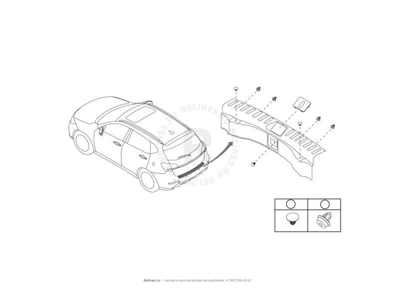 Запчасти Haval H2 Поколение I (2014) 4x2, МКПП (CC7150FM02) — Шторка и накладка порога багажника (1) — схема
