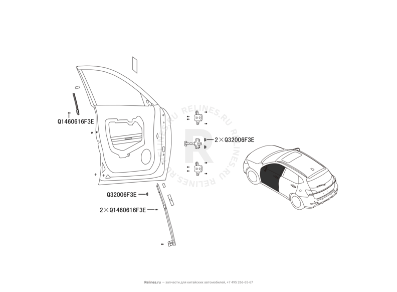Запчасти Haval H2 Поколение I (2014) 4x4, МКПП (CC7150FM20) — Двери передние и их комплектующие (уплотнители, молдинги, петли, стекла и зеркала) — схема
