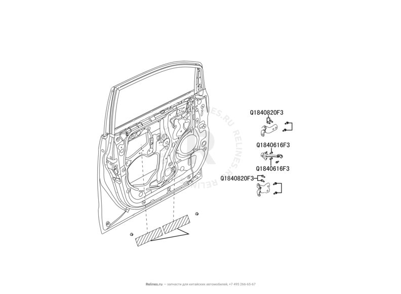 Запчасти Great Wall Cowry Поколение I (2007) 2.0л, МКПП — Двери передние и их комплектующие (уплотнители, молдинги, петли, стекла и зеркала) — схема
