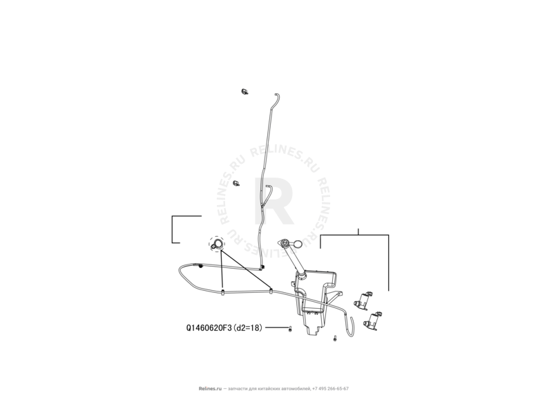 Запчасти Great Wall Hover M2 Поколение I (2010) 4x4, МКПП — Стеклоомыватели и их составляющие (насос, бачок, форсунка, трубки и прокладки) — схема