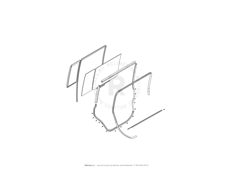 Стекла, стеклоподъемники, молдинги и уплотнители задних дверей Great Wall Hover M2 — схема