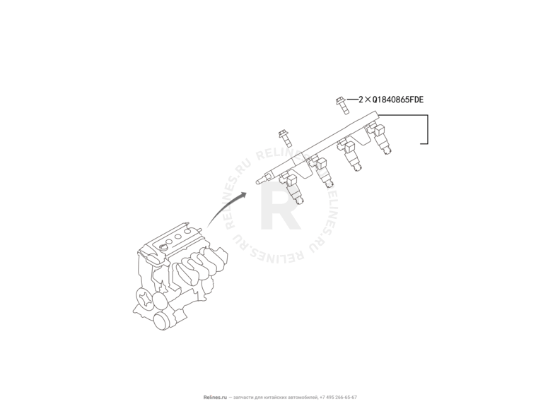 Рампа, форсунка и трубки форсунки топливные Great Wall Hover M2 — схема