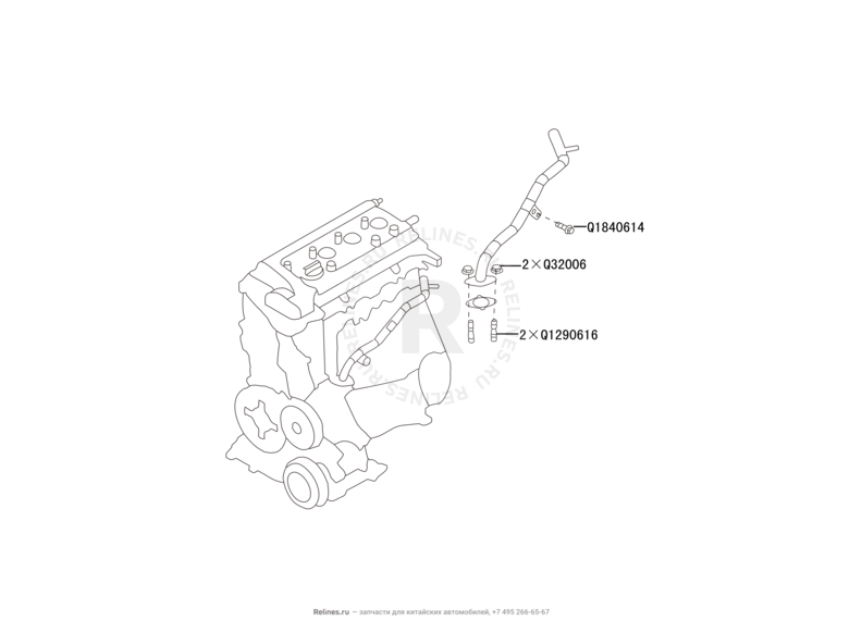 Патрубок охлаждения, трубка водяная и трубка возвратная двигателя Great Wall Coolbear — схема