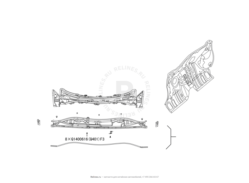 Перегородка (панель) моторного отсека и панель стеклоочистителя (1) Great Wall Hover M2 — схема