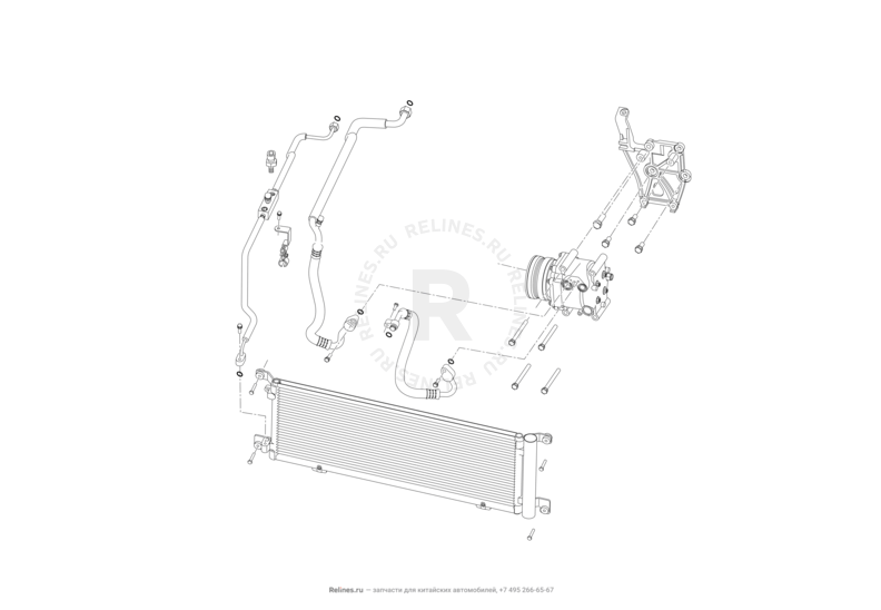 Запчасти Lifan Smily Поколение I — рестайлинг (2013)  — Радиатор, компрессор и трубки кондиционера — схема