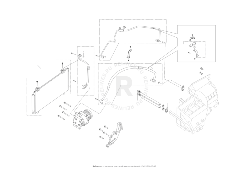 Запчасти Lifan Solano Поколение I — рестайлинг (2014)  — Радиатор, компрессор и трубки кондиционера — схема
