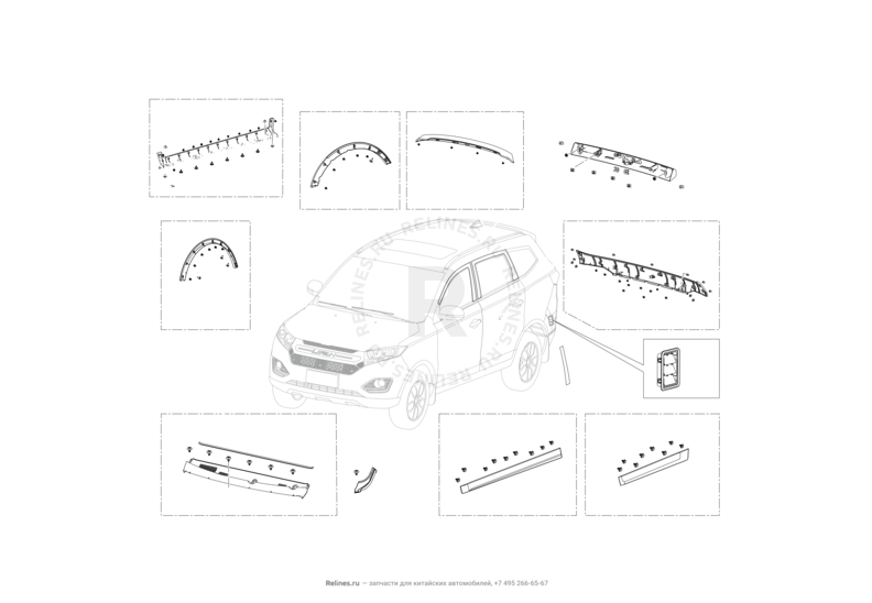 Запчасти Lifan Myway Поколение I (2016)  — Накладки кузова (арок, порогов, панели стеклоочистителя) — схема