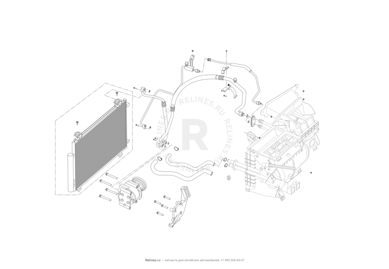 Запчасти Lifan Solano Поколение II (2016)  — Радиатор, компрессор и трубки кондиционера — схема