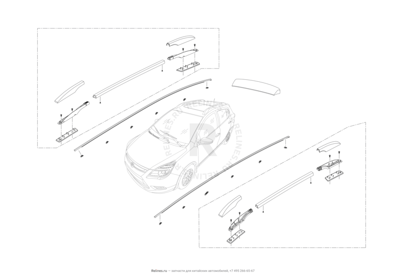 Запчасти Lifan X50 Поколение I (2014)  — Молдинги и рейлинги крыши — схема