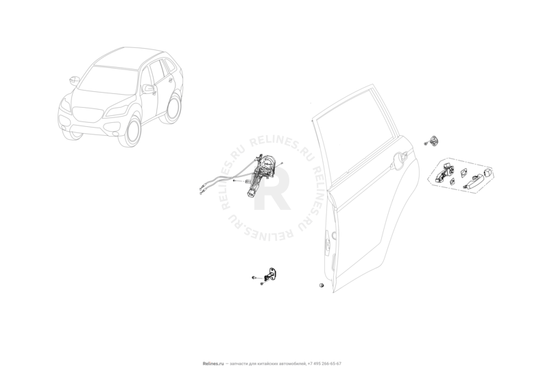 Запчасти Lifan X60 Поколение I и рестайлинги (2011)  — Ручки и замки двери задней — схема