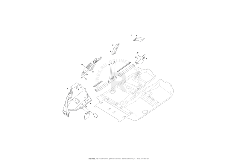Запчасти Lifan X60 Поколение I и рестайлинги (2011)  — Обшивка стоек, накладки порогов и багажника — схема