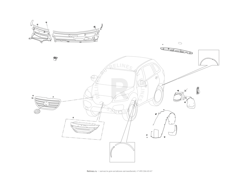 Запчасти Lifan X60 Поколение I и рестайлинги (2011)  — Брызговики, решетки, накладки, подкрылки — схема