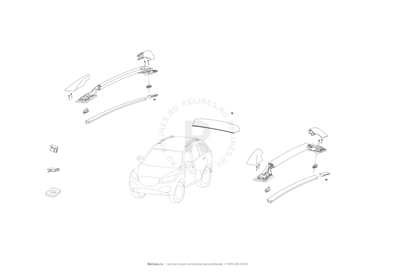 Запчасти Lifan X60 Поколение I и рестайлинги (2011)  — Молдинги и рейлинги крыши — схема