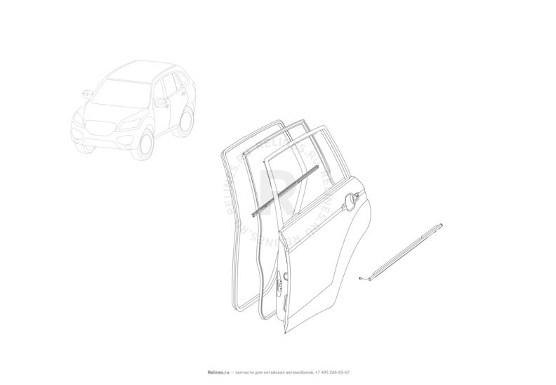 Запчасти Lifan X60 Поколение I и рестайлинги (2011)  — Уплотнители и молдинги задних дверей — схема