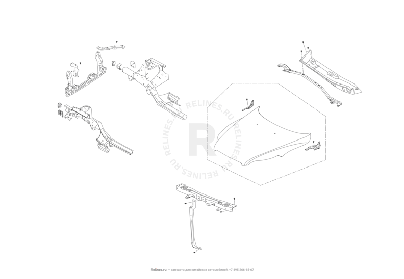 Запчасти Lifan X60 Поколение I и рестайлинги (2011)  — Капот, передняя панель (телевизор) и лонжероны — схема