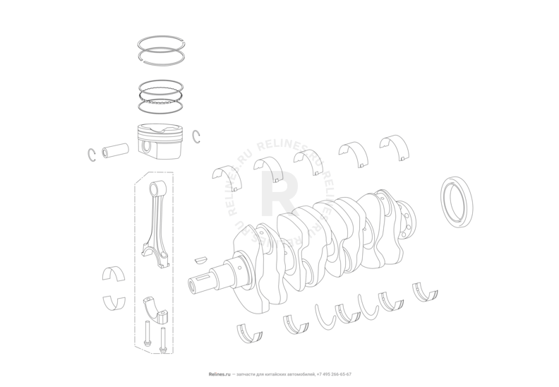 Запчасти Lifan X70 Поколение I (2018)  — Коленчатый вал, поршень и шатуны — схема